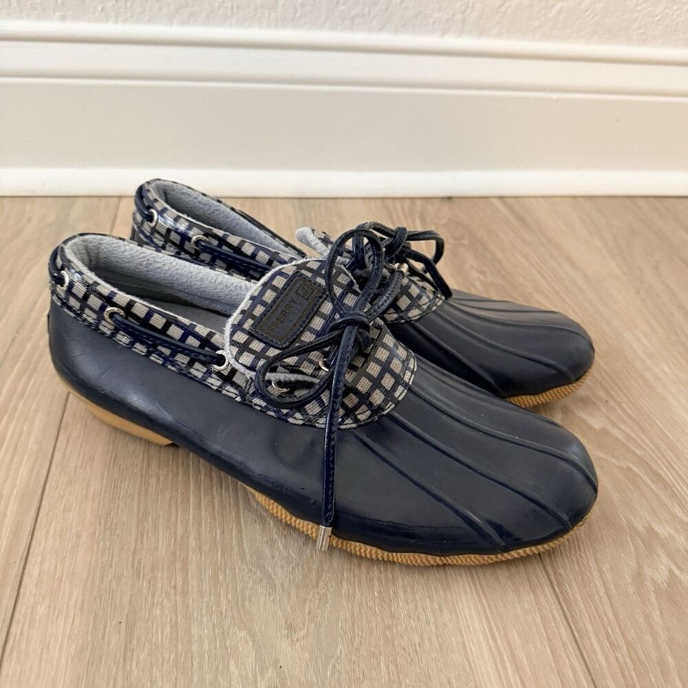 SPERRY Top-Sider Plaid Rubber Leather Duck Boots H10-CH373 Womens 10 Navy